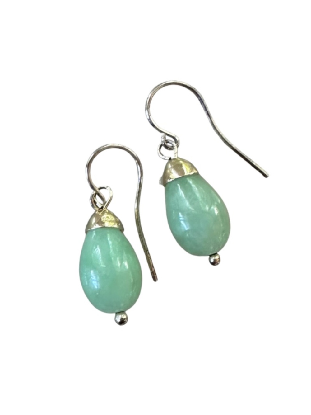 Vintage Sterling Silver Mint Green Jadeite Teardrop Dangle Earrings, 1"